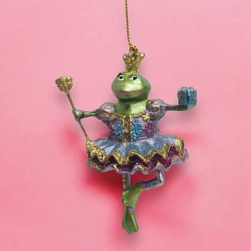 Vintage Ballerina Frog Princess Glittery Christmas Ornament Hand Painted Gift